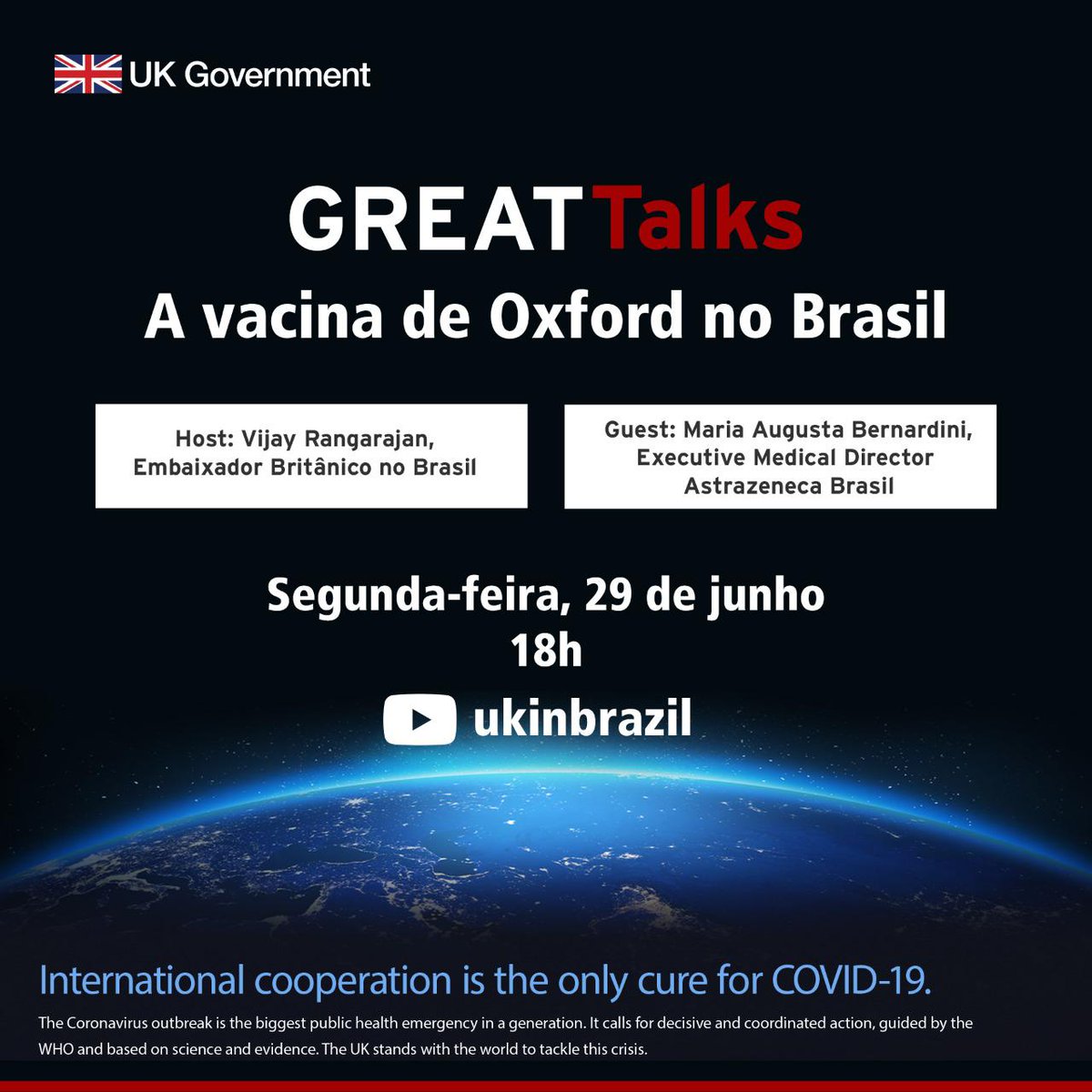 ukinbrazil's tweet photo. Os testes da vacina de #Oxford estão a todo vapor no 🇬🇧 e 🇧🇷. O embaixador @VijayR_HMG recebe a Executive Medical Director da @AstraZeneca, Maria Augusta Bernadini, para conversa sobre o projeto e perspectivas. 

🗓 Save the date: segunda, 29, Youtube: https://t.co/U2aaFfb6jp https://t.co/YfvuVwhdEN