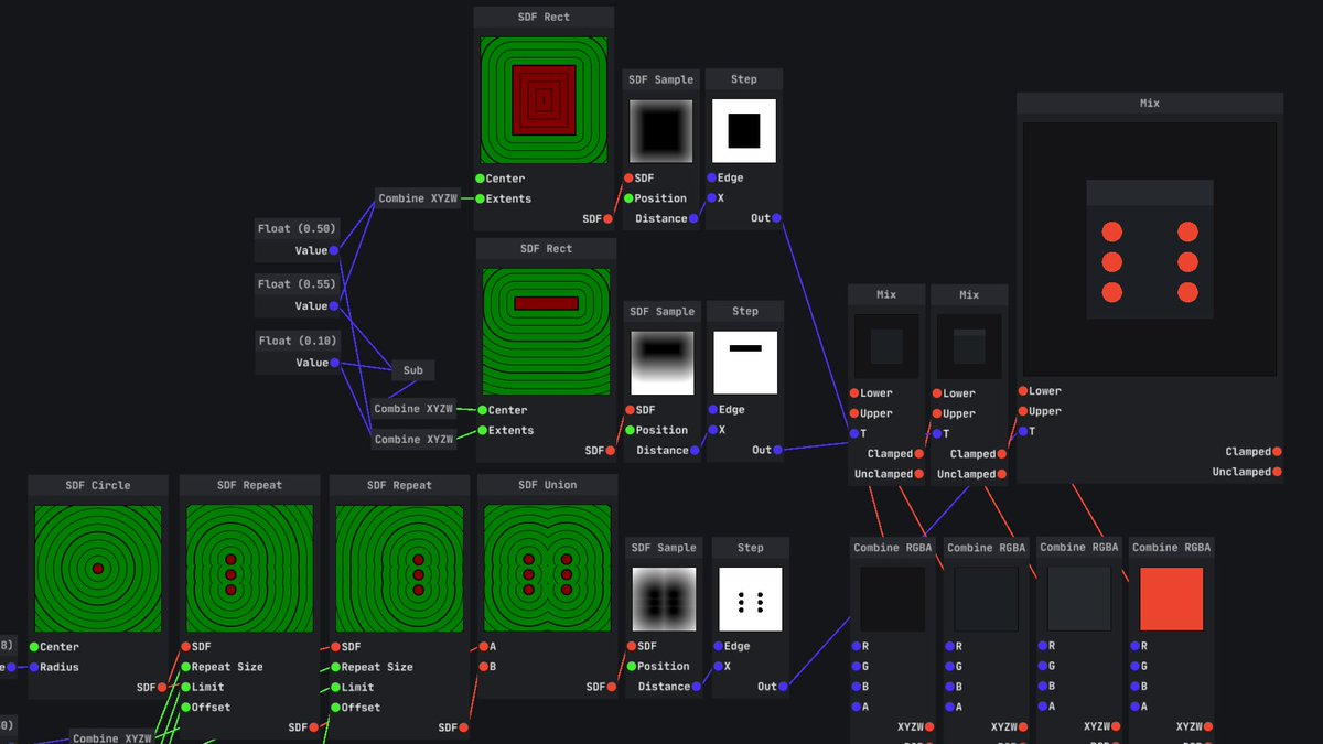VallentinDev's tweet image. Finally started implementing SDF nodes.
While the example is meta, the actual node renderer uses SDFs as well.
#rustgamedev #gamedev #indiedev #rustlang #shaders #OpenGL