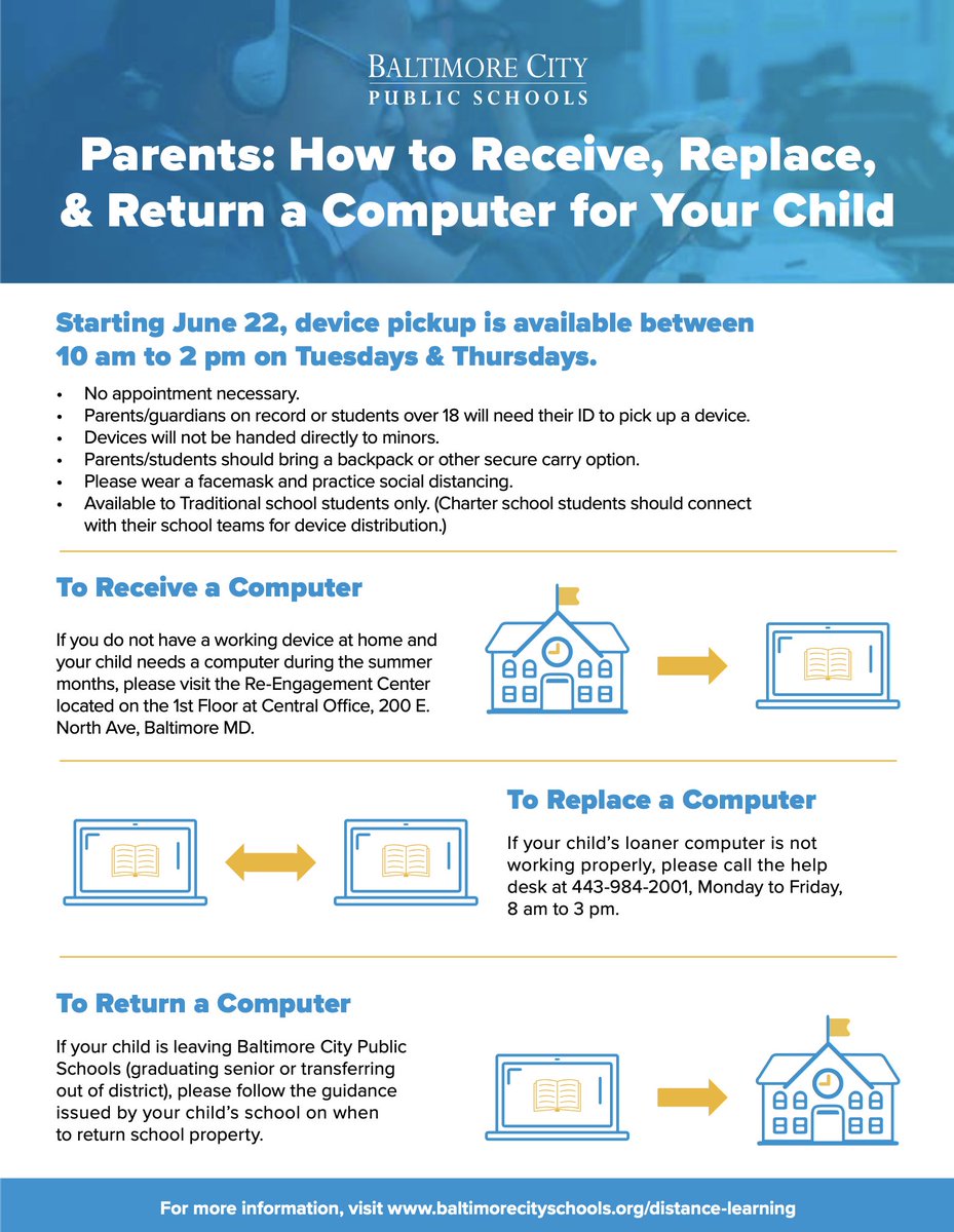 BaltCitySchools's tweet photo. If your child needs a computer this summer, City Schools is providing them for free. Please visit the Re-Engagement Center at Baltimore City Public Schools, 200 E. North Ave., Tuesdays and Thursdays from 10 a.m. to 2 p.m. 

For more information visit https://t.co/Tkne4FhYok https://t.co/odlmFDCfKW