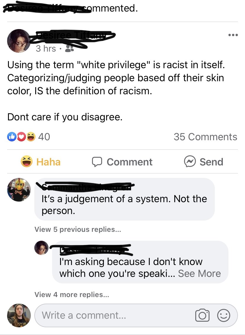 mscguitar's tweet photo. Oh, another white chick who can’t stand the fact that all white people have white privilege. “Oh please give me attention, I’m a bitch who has black friends so I’m not racist” fuckin simp https://t.co/d0XWOm62OJ