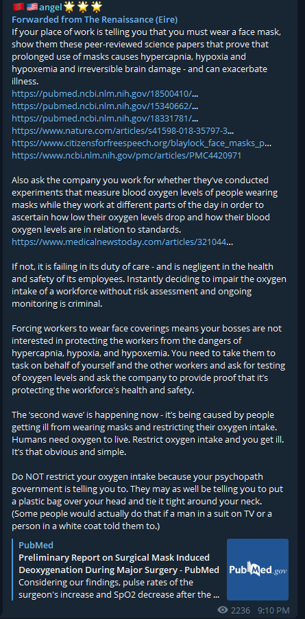 4/ combined with this is a dangerous mix of misinterpretation or manipulation of scientific information or simply fake health facts. Again these have been circulating in QAnon Telegram channels, but also in some of the militia and white supremacists channels