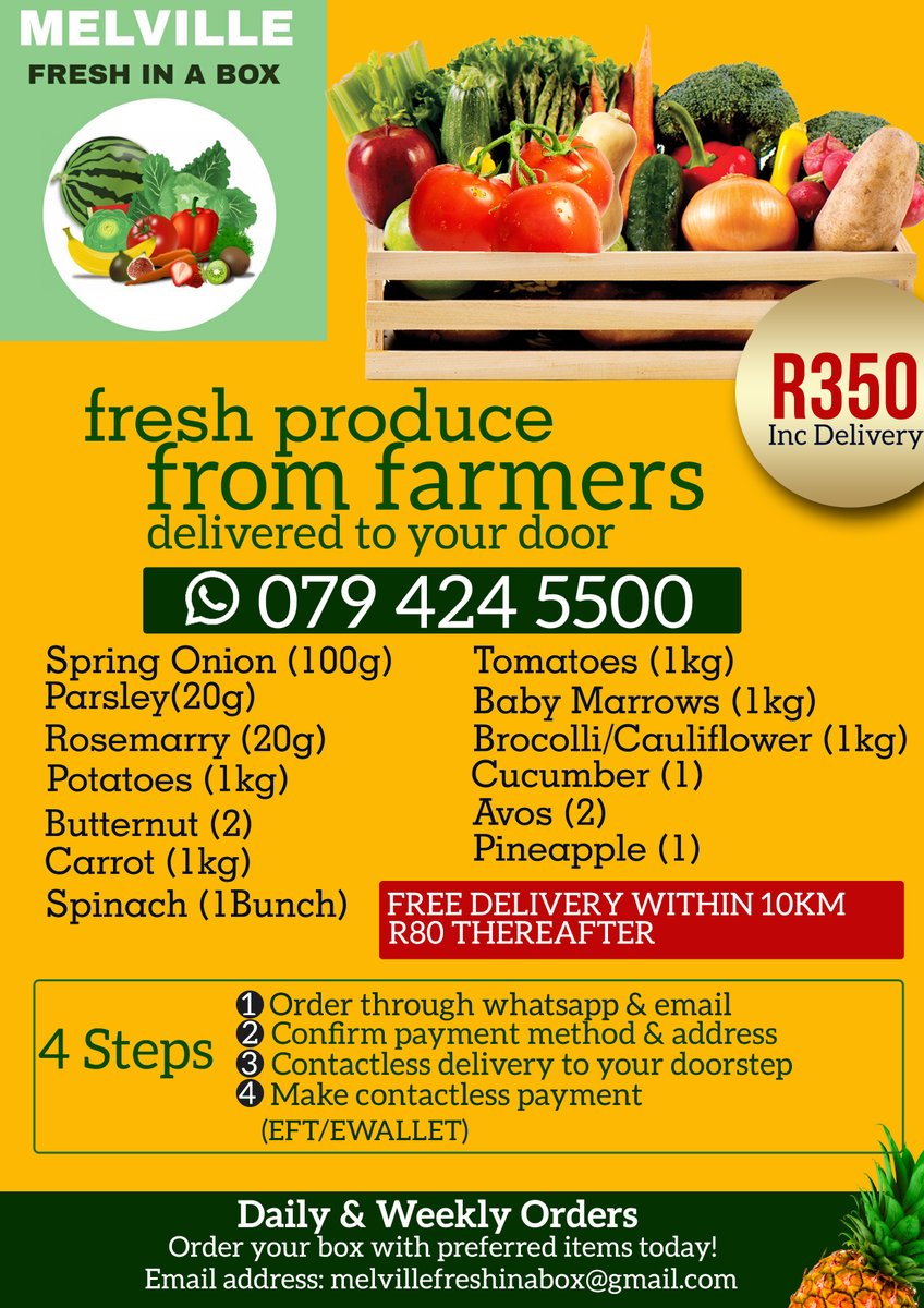 #Freshbox deliverd to your door in Melville &amp; nearby.
Small Box R100
Medium Box R200
Whatsaap list of your items 079 424 5500
#freshfruitsandvegetables #Melvillebox
Please RT our customers might be on your TL