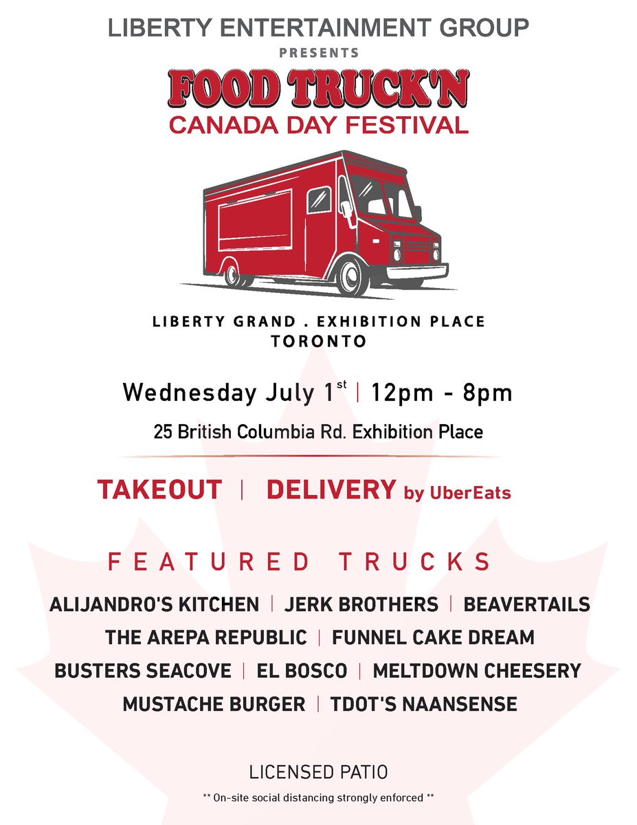 We are excited to partner up with <a href="/FoodTrucknFri/">Food Truck'N Events</a> and bring you:
Food Truck’N Canada Day Festival on Wed.July 1 from 12pm - 8pm

guests will have access to 10 food trucks for: take out and delivery by <a href="/UberEats/">Uber Eats</a> and we will have socially distanced picnic areas and a licensed patio