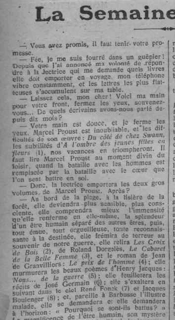 27 juin 1920

"Il faut lire Marcel Proust au moment divin du loisir"
et autres conseils de lecture pour les vacances, par Binet-Valmer

Comoedia, "La semaine littéraire, p. 2
gallica.bnf.fr/ark:/12148/bpt…
<a href="/GallicaBnF/">Gallica BnF</a>