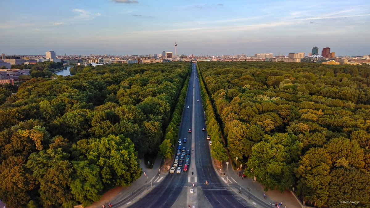 Tiergarten, Berlin:A very cool, densely forested park in the middle of the city. Unfortunately has hideous roads running through it, meeting right in the middle at a truly horrendous roundabout. Has a fantastic tower with this view, though. Mixed overall.