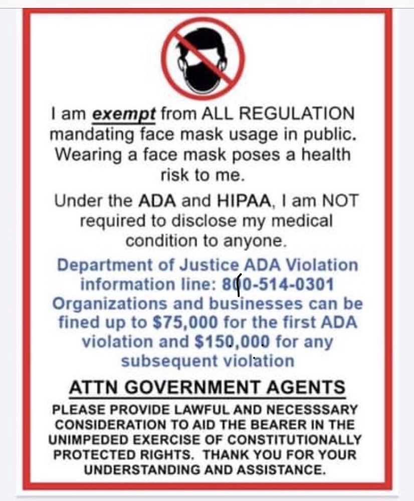 6/ This has lead to a surge of mask exemptions cards, signs or forms for an individual to carry around with them. These have been circulated in QAnon circles, alternative health circles and within more extreme circles.