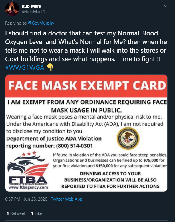 6/ This has lead to a surge of mask exemptions cards, signs or forms for an individual to carry around with them. These have been circulated in QAnon circles, alternative health circles and within more extreme circles.