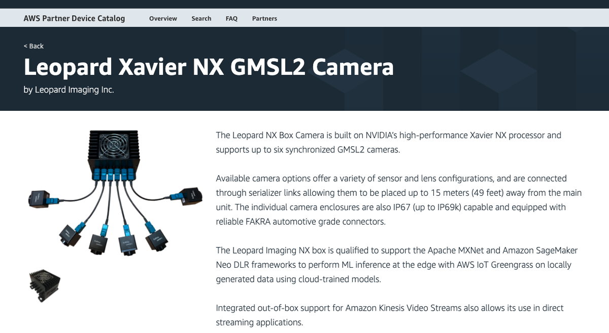 inc_leopard's tweet photo. Amazon AWS officially announced Leopard Xavier NX GMSL2 Camera in its partner device catalog! https://t.co/8wAofRWaQ8
The camera is built on NVIDIA’s high-performance Xavier NX processor and supports up to six synchronized GMSL2 cameras.
#AWS #Amazon #Nvidia #leopardimaging https://t.co/MgFMoPqFll