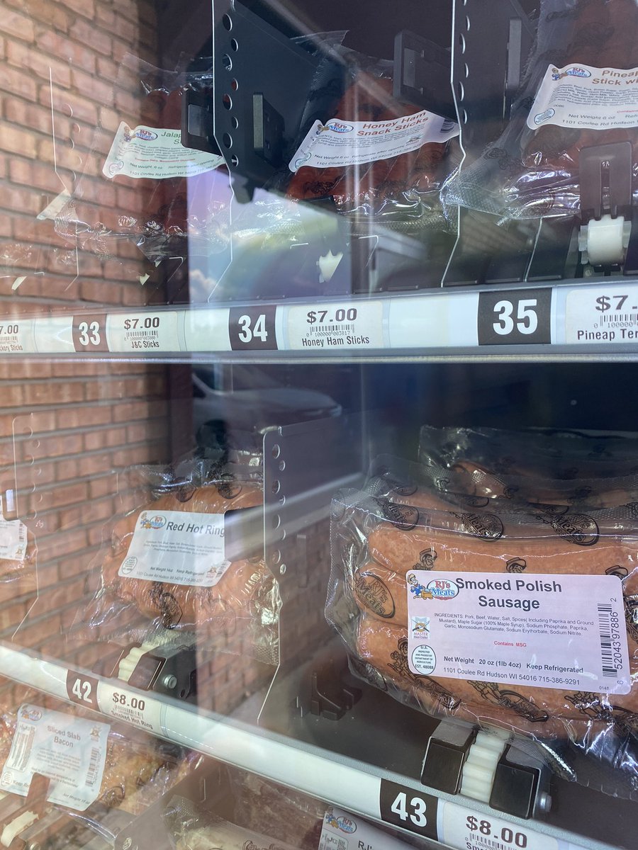 Visiting liquor stores in Wisconsin and stopped at @RJMeats ... brats in a vending machine! How cool and how Wisconsin is that?! Love it! #herhusbandisfromwi #bratvendingmachine #rjmeats