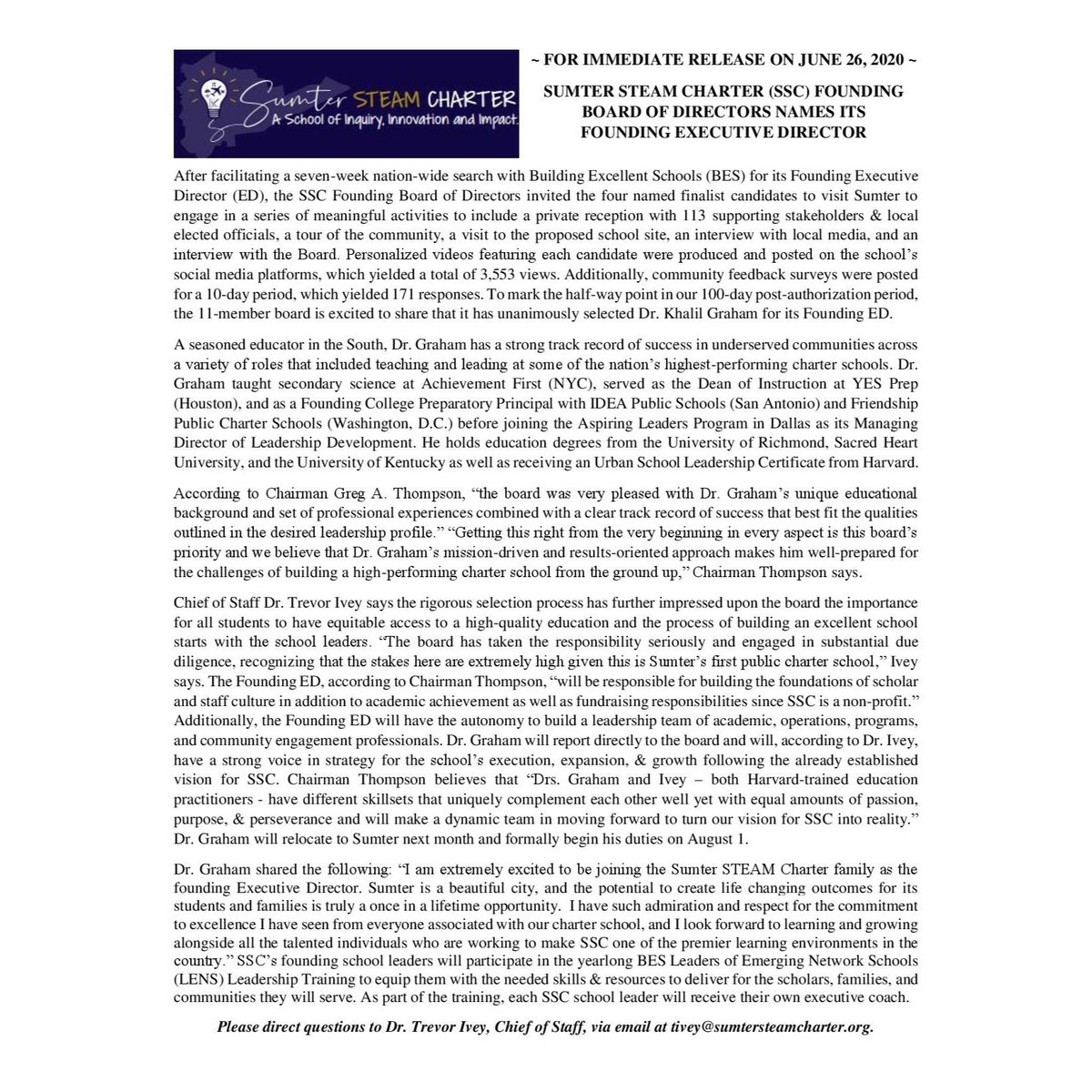 At today’s special-called meeting of the Founding Board of Directors, Dr. Khalil Graham of Dallas (Texas) was unanimously selected to be SSC’s Founding Executive Director and will begin his duties on August 1. #CharterABetterSC  <a href="/SCPCSD/">South Carolina Public Charter School District</a> <a href="/SCCharterSchool/">SC Charter Alliance</a> <a href="/theitem/">The Sumter Item</a> <a href="/WLTX/">News19 WLTX</a>
