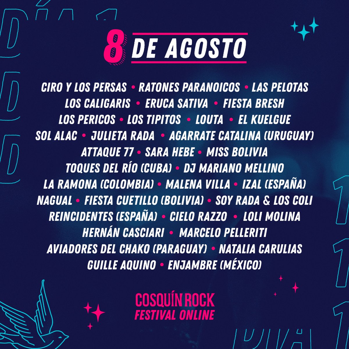 CosquinRockBo's tweet photo. ¡Mira el line up por día!

📲 + de 60 bandas y artistas se suman a nuestra primera versión online.
➡ ATENCIÓN > ¡Cada semana un nuevo artista confirmado!

➕info y tickets en https://t.co/60gRmbX2HK

#CROnline https://t.co/lOhdlWYjul