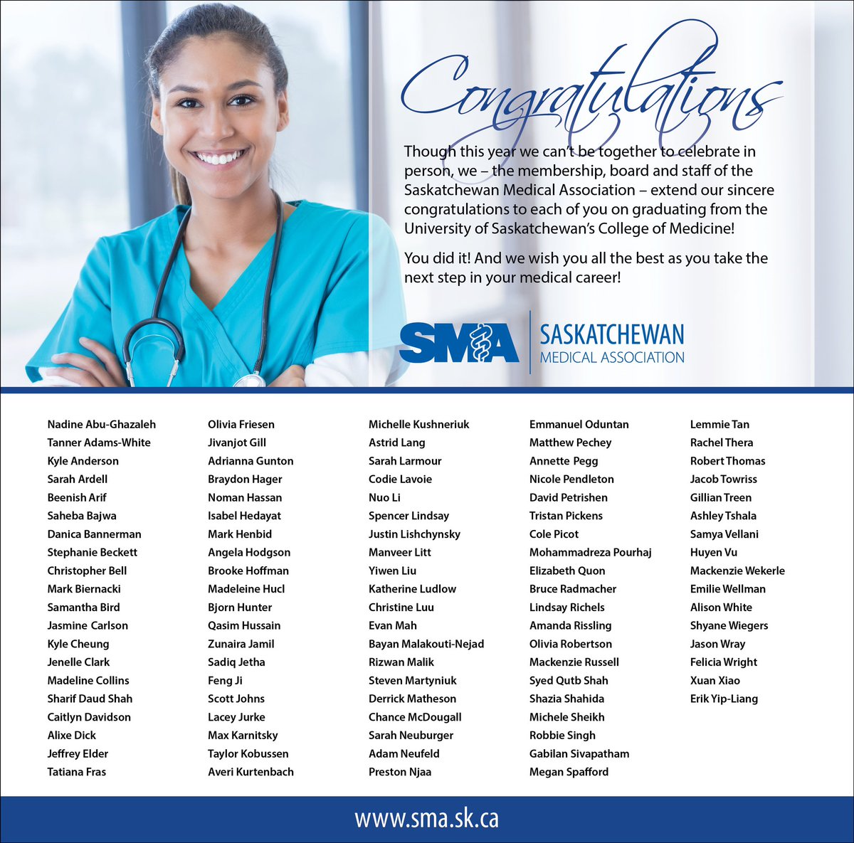 SMA_docs's tweet photo. A huge congrats to all @usask College of Medicine grads for 2020! You did it! Well done! We’re looking forward to supporting you through residency and beyond! @SMSS_SK @CMA_Docs @USaskMedDean @delilahdueck https://t.co/EB91P4Oubp
