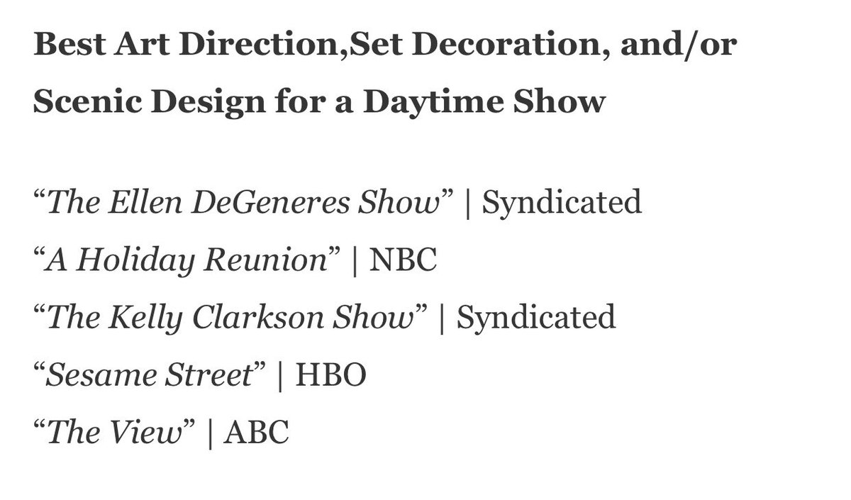 It’s an honor to have an Emmy nomination for Outstanding Art Direction/Set Decoration/Scenic Design for The Ellen DeGeneres Show.  
Good luck to everyone tonight! Fingers crossed but it is an honor to just be nominated! #daytimeemmy #daytimeemmyawards