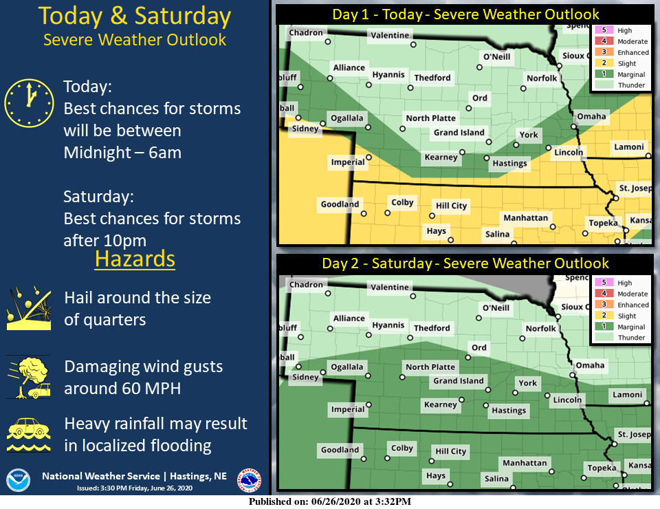 Severe thunderstorm outlooks for tonight and Saturday.