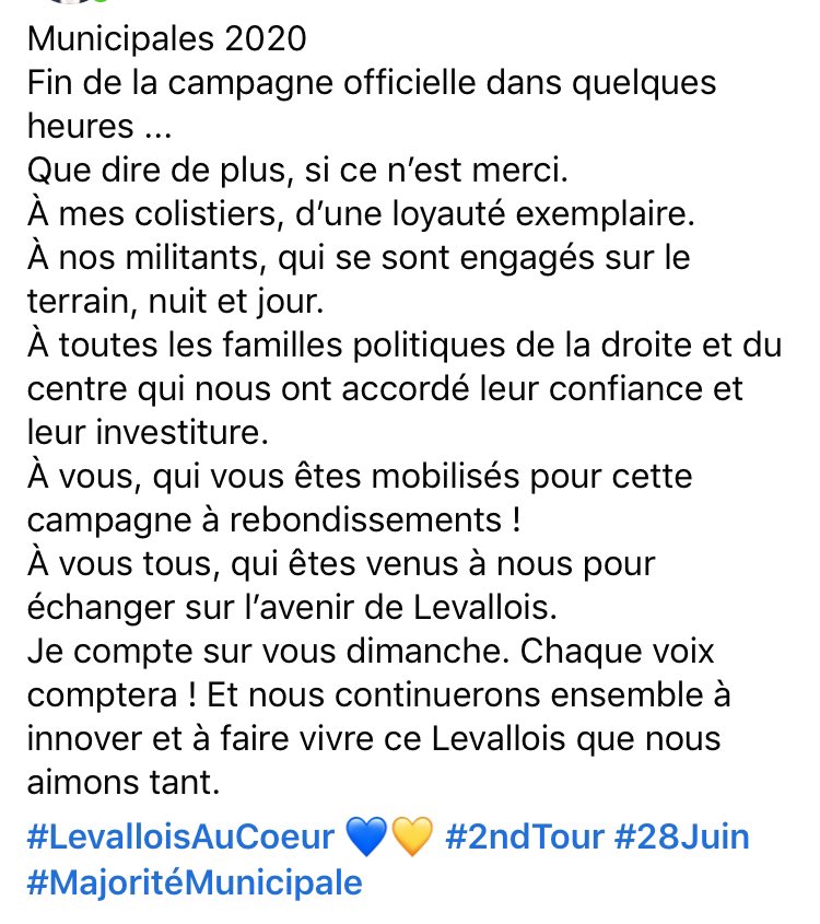 #Municipales2020 #Levallois 
Fin de la campagne officielle dans quelques heures ...
Que dire de plus, si ce n’est merci !! 
#LevalloisAuCoeur 💙💛 #2ndTour #28Juin #MajoritéMunicipale
