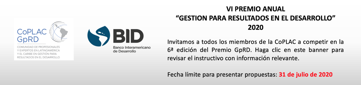 No olvides que ya ver el instructivo del VI Premio #GpRD 2020, el cual se llevará a cabo en el marco del VIII Seminario de la Red de #GobiernosSubnacionales

#GestiónPública #CoPLAC #GestiónPorResultados

<a href="/el_BID/">Banco Interamericano de Desarrollo</a>
@BID_GobernArte

bit.ly/3i8He6I  bit.ly/2WE9feq