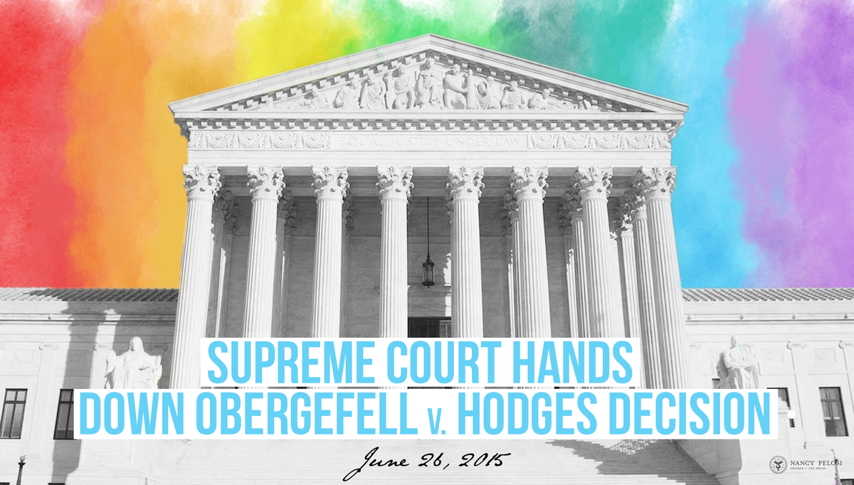 SpeakerPelosi's tweet photo. Five years after the Supreme Court declared that marriage is a right of all people, regardless of who you are or whom you love, the love and commitment of countless LGBTQ couples &amp; families enriches our communities and our country. #LoveIsLove https://t.co/K7RP4tWCGm https://t.co/0gNB1lC8oM