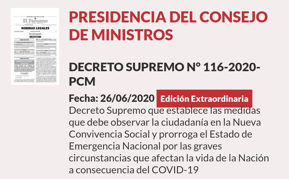 pcmperu's tweet photo. 📣 Se publicó el Decreto Supremo que establece las medidas que debe observar la ciudadanía en la Nueva Convivencia Social y prorroga el Estado de Emergencia Nacional hasta el viernes 31 de julio de 2020.

📄 https://t.co/mNiKhwSQfk

#PrimeroMiSalud https://t.co/IhTKKIt2LL