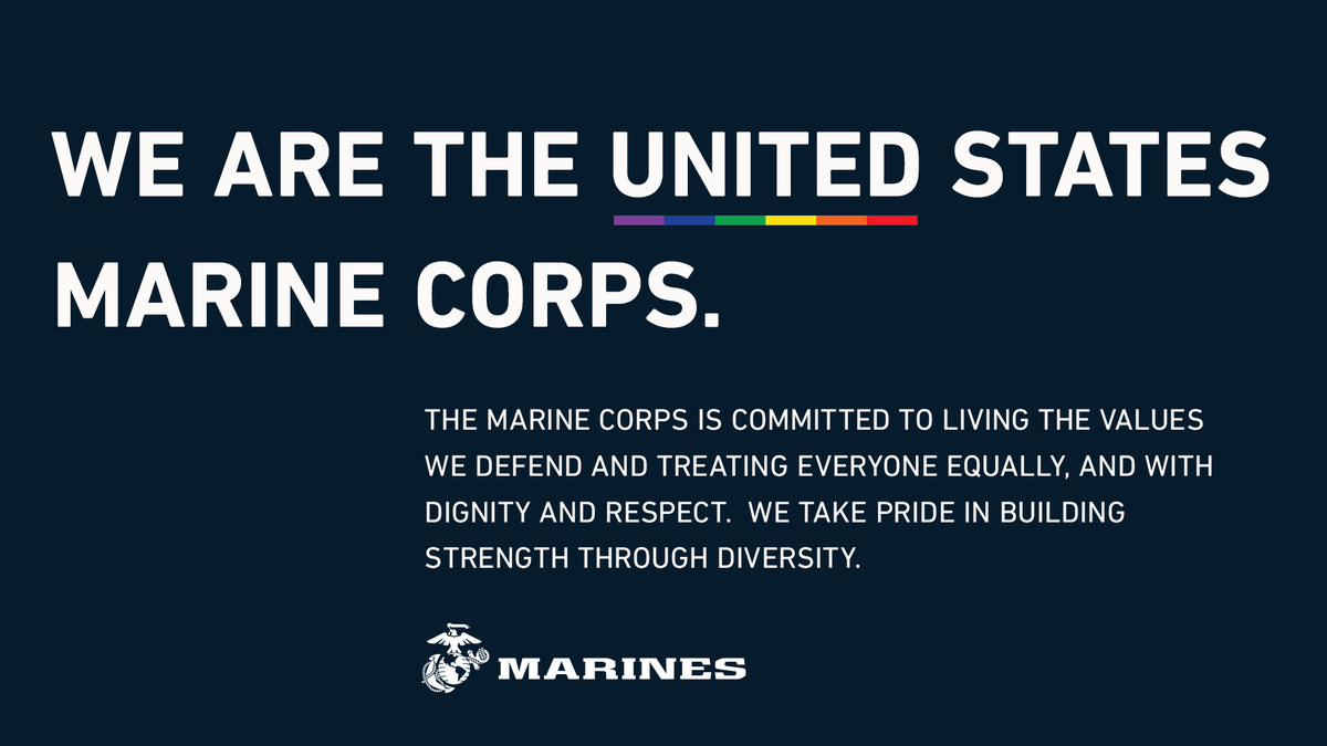 USMarineCorps's tweet photo. In recognition of #PRIDE2020 and the 10th anniversary of the repeal of Don't Ask, Don't Tell, the Marine Corps recognizes our LGBTQ+ service members, reflects upon the past, and salutes their contributions to the Corps and winning our Nation's battles. Semper Fi. https://t.co/i4nZL1wvkh