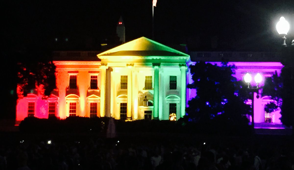 A photo of the White House lit up in rainbow lights after the Supreme Court's 2015 Obergefell decision declared that marriage equality is the law of the land.