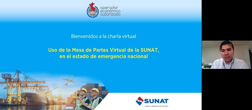 SUNATOficial's tweet photo. 📰 La #Sunat inicia ciclo de charlas virtuales exclusivas a empresas OEA (Operador Económico Autorizado)
Hoy, el tema fue: "Uso de la Mesa de Partes Virtual de la Sunat en el estado de emergencia nacional", en donde participaron más de 150 representantes de empresas certificadas. https://t.co/XdgFg0O2jf