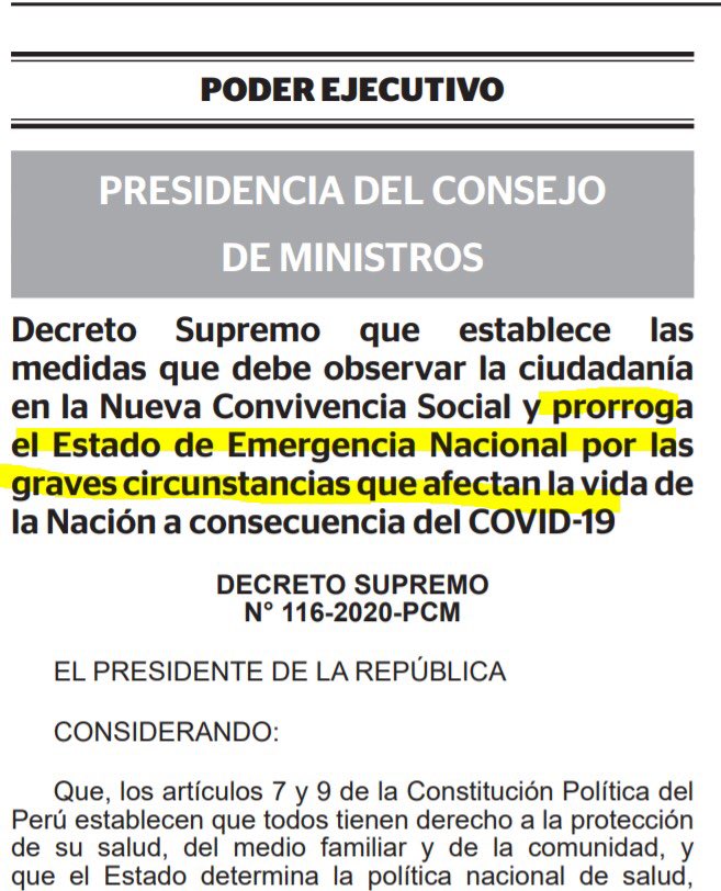 Traducción:
1. La cuarentena acaba el 30 de junio (domingos se podrá salir).
2. El Estado de Emergencia se amplía hasta el 31 de julio.
3. La emergencia sanitaria acaba el 7 de setiembre.