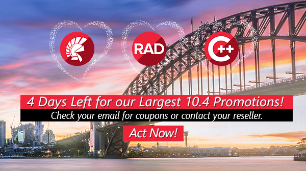 Embarcadero is running a HUGE sale on 10.4 for the remainder of the quarter! Get in touch with your Sales Representative or Partners to learn more! embt.co/Contact-Sales