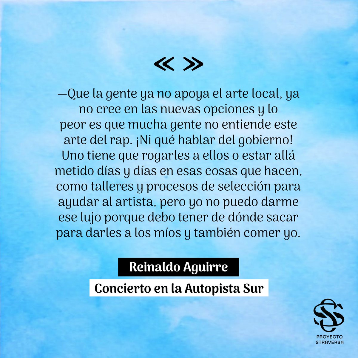 pstraversa's tweet photo. https://t.co/qPkXeO2DF0
Fragmento de «Concierto en la Autopista Sur», por Reynaldo Aguirre.
#Straversa #GrafitoSocial #ArteYSociedad #RevistaDigital #RevistaLiteraria #ArtistasEmergentes #Independiente #Arte #Autogestión #Sur #Rebusque #Artistas #TrabajoInformal https://t.co/yftYAjNK3l