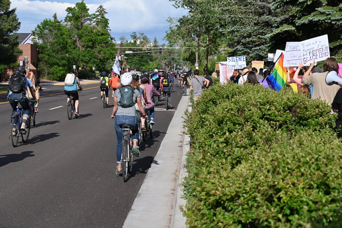 Yesterday, Laramie police cited and arrested protestors for impeding traffic when they walked on the road. Today, bicyclist rode their bikes alongside them. Because bikes are considered motorized vehicles, they were in the clear! #brillianceofyouth #blacklivesmatter