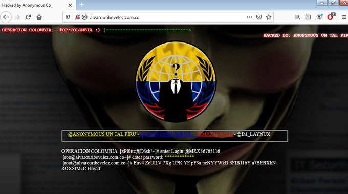 YourAnonCentral's tweet photo. Anonymous hacked the webpage of the senator and ex-President of Colombia with ties to organized crime, drug trafficking, and human rights abuses. 

In protest to the rape of an 11-year-old indigenous girl by the narco-military.
#OpColombia #Op_Colombia  

https://t.co/CWRiPkEnGx https://t.co/NotTQf4fhU