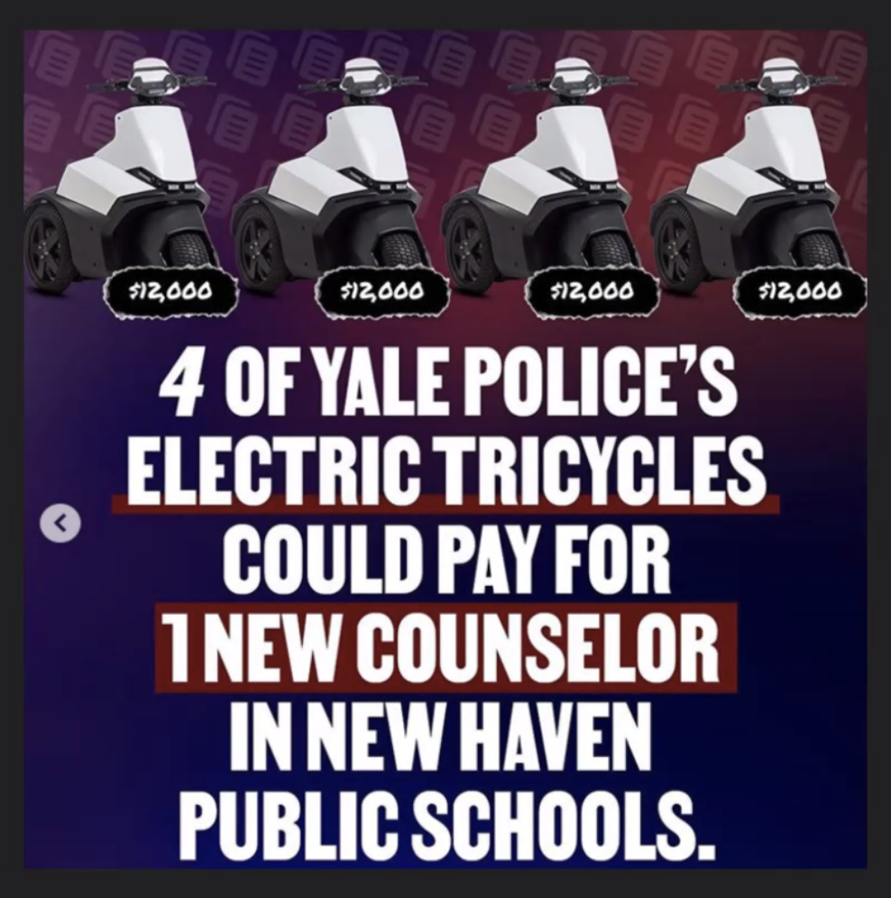YaleEJC's tweet photo. New Haven could do so much with the money Yale spends on the YPD, all of which would make our communities much safer than armed and unaccountable police officers patrolling our city. #DefundYPD https://t.co/pTfbiM9cXE