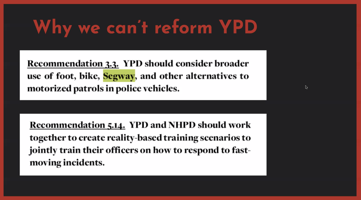 YaleEJC's tweet photo. The YPD reform recommendations from 21CP serve only to re-entrench and expand the scope, size, and budget of the YPD. The police as they exist today are already the product of DECADES of reform, and they clearly haven't worked. #DefundYPD https://t.co/tE7TnJ7hsv