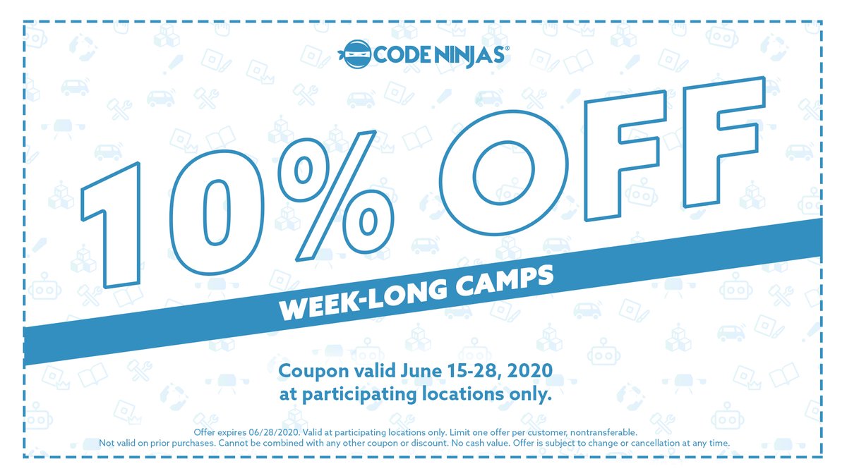 codeninjasEC's tweet photo. LAST CHANCE to sign up for a camp using our 10% discount! 🤑 Just apply for a chance to win a Free Camp at the link below to receive the discount code. Offer expires this Sunday, the 28th, so hurry to join one of our Virtual or In-Person Summer Camps! 💻
https://t.co/3E1MyCKckr https://t.co/c6if77zJpS