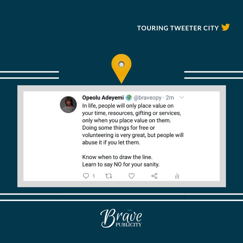 bravepublicity's tweet photo. This is a hard lesson, but be smart enough to learn from others and not go through some things yourself.

Know when to draw the line. Know when to say NO.

#TouringTweeterCITY with @braveopy

#BravePublicity #BraveSPEED #Brave #Publicity #SayingNo #ChoosingMe #Change #ProBono https://t.co/j17Td1yq5s