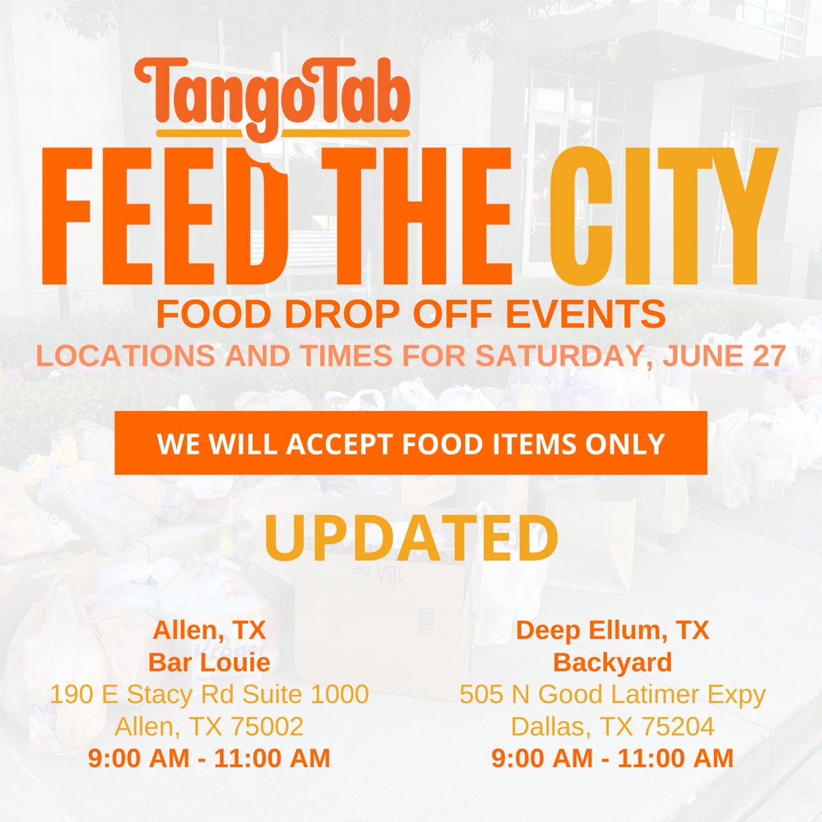 TangoTab's tweet image. UPDATE! Based on the mandates set by Governor Abbott in Texas we are making both events a drop-off event tomorrow. We are sorry for the last minute change, but it is out of our control. Stay safe. Wear masks.