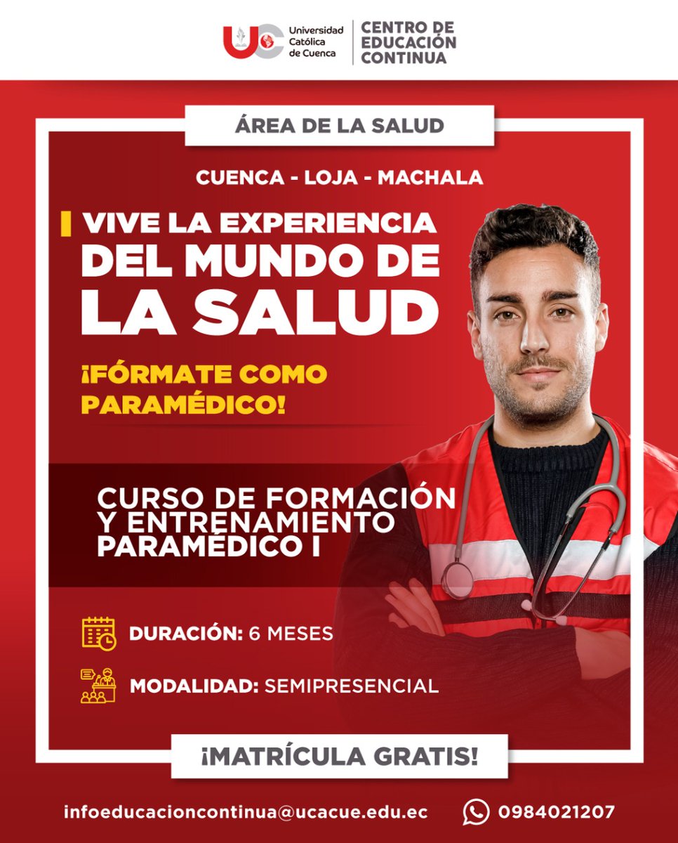 Vive la experiencia de ayudar a salvar vidas ejerciendo como un paramédico de élite🚨, pre-inscríbete en el link y te brindaremos toda la información sobre el curso🚑.

forms.gle/ssfTxHsWUob4rX…

El curso se brindará en:
- Cuenca
- Machala
- Loja

¡NO TE QUEDE FUERA!
