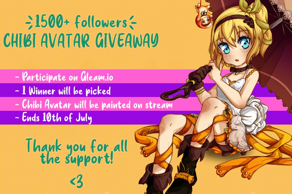 AuteruTori's tweet photo. ○ 1500+ Follower Giveaway ○

♥ 1 Winner will be picked!
♥ Bust Up Chibi Avatar

♪ Rules:
• Must be following me on Twitter + Twitch
• Retweet this tweet 
• Click here to Participate: https://t.co/DMN3gtk0vQ

♥ Ends on July 10th ♥

#twitch #giveaway #art #cute #anime https://t.co/7DqyOxpVDQ