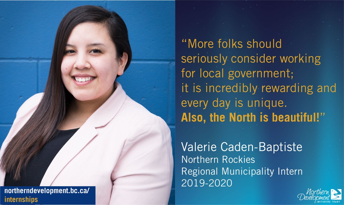 NEW ON THE WEBSITE: We've added some stories about how our 2019 interns experienced their 12-month placement with host local governments, @cityofquesnel, <a href="/Mackenzie_BC/">Mackenzie B.C.</a> + <a href="/NorthernRockies/">NRRM</a>.
Read the four most recent stories northerndevelopment.bc.ca/explore-our-re…
#northernBC #bcpoli #ecdev #intern