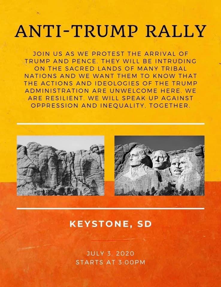 jfkeeler's tweet photo. Keystone, SD on July 3, 2020
Check it out: a protest against Trump and Pence as they make a mockery out of stolen land at Mt. Rushmore.
Take down #RacistMonuments on #SacredLands https://t.co/3GeFol98dG