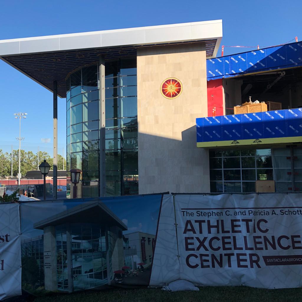 SCUBroncos's tweet photo. Nice views heading into the weekend...
▶️ 50,000-sq-ft Schott Athletic Excellence Center taking shape for fall. The building, featuring dedicated space for student-athletes to train, practice, eat and study, had Jesuit seal mounted.
#StampedeTogether | #SCUBroncos | #LifestSCU https://t.co/Zl6vi6tobb