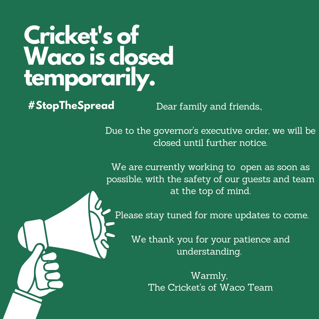 Following Gov. Abbott's executive order, Cricket's is closed temporarily as of today (June 26th).

The safety of our community remains our top priority. We're just as eager as you are to clink glasses in person again — stay tuned for updates to come.

We'll see you soon, Waco! 💚