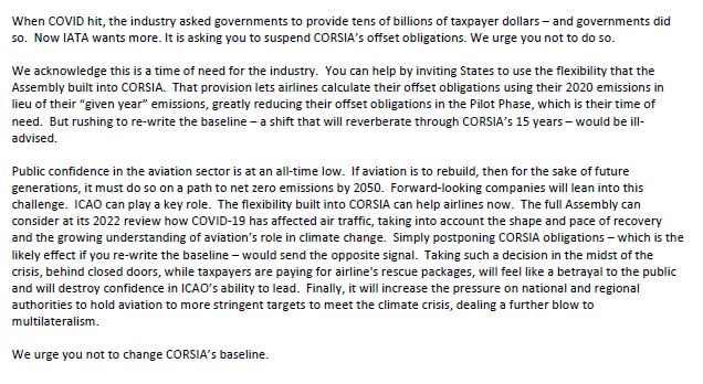 5/n NGOs have warned the baseline change will make an already weak scheme all but completely ineffective, with no obligations on airlines to even offset emissions for up to 5-6 yrs. A group of them just sent this letter to the council asking resist calls for the change