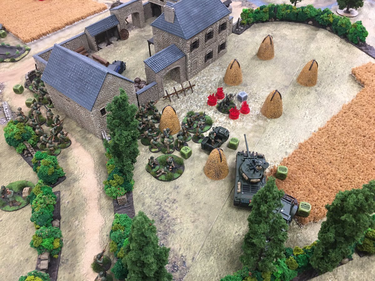 The remnants of the Forward PzGrenadier section are mercilessly gunned down by advancing infantry and US tanks which have crashed through the Bocage, bulldozing a route forward. The farmstead falls into US hands, placing significant pressure on the German right flank.