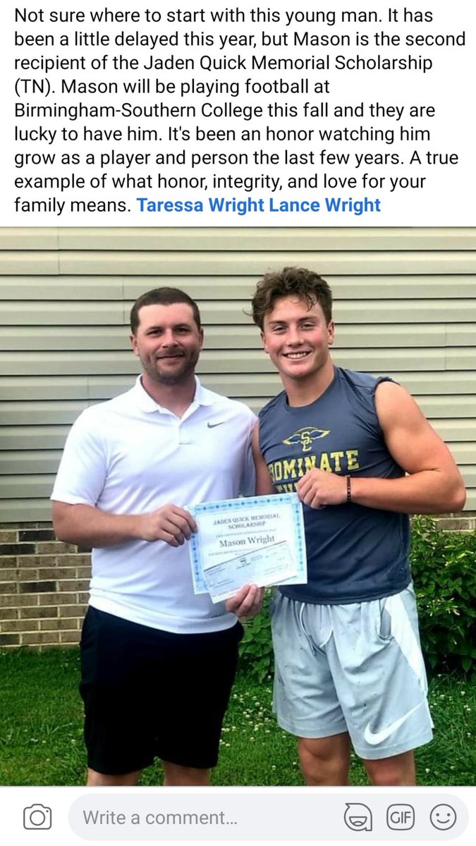Bquick03's tweet photo. This year's recipient of the Jaden Quick Memorial Scholarship. @masonwright_7 https://t.co/ulXbjrBTha