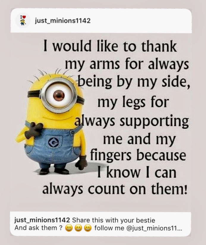 TheFashionRecy1's tweet photo. I see posts like this and... donโt know why, I have a compulsion to share them ๐คฃ๐คฃ๐คฃ
#minionsgiggling #fridaygiggles #bedtimegiggles #giggler #giggles #gigglesfordays #onegiggleadaykeepsthedoctoraway #gigglebox #gigglefit #minionspost https://t.co/aT55V5LnEn