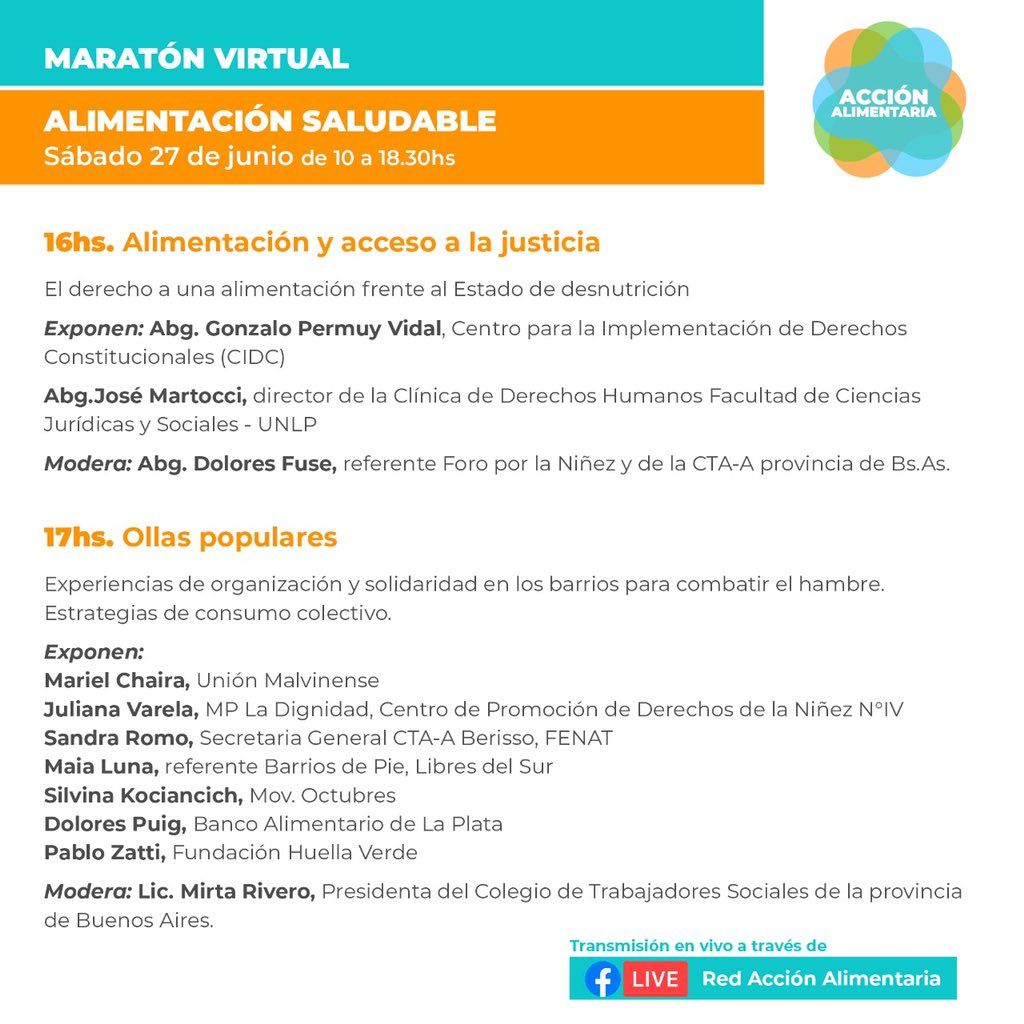 Observ_UCALP's tweet photo. ¡MAÑANA!

Los invitamos a participar de la Maratón Virtual “Alimentación Saludable”, donde estaremos contando los talleres que realizamos y cómo readáptanos el trabajo en el nuevo escenario #COVID. 

¡Los esperamos! 🥦🌽🥕

Más info en el FB: Red Acción Alimentaria 🖥 https://t.co/8k5WFzDZQP