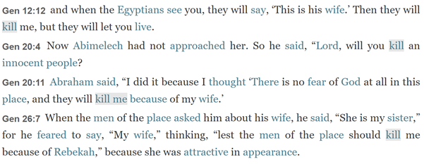 THREAD: Wife-Sister narratives in Genesis.3x in Genesis a patriarch claims his beautiful wife is his sister, from fear of being killed by locals out to get her (chs 12, 20, 26).Stories are united by the word הָרַג ‘kill’ which does not occur in the intervening narratives.