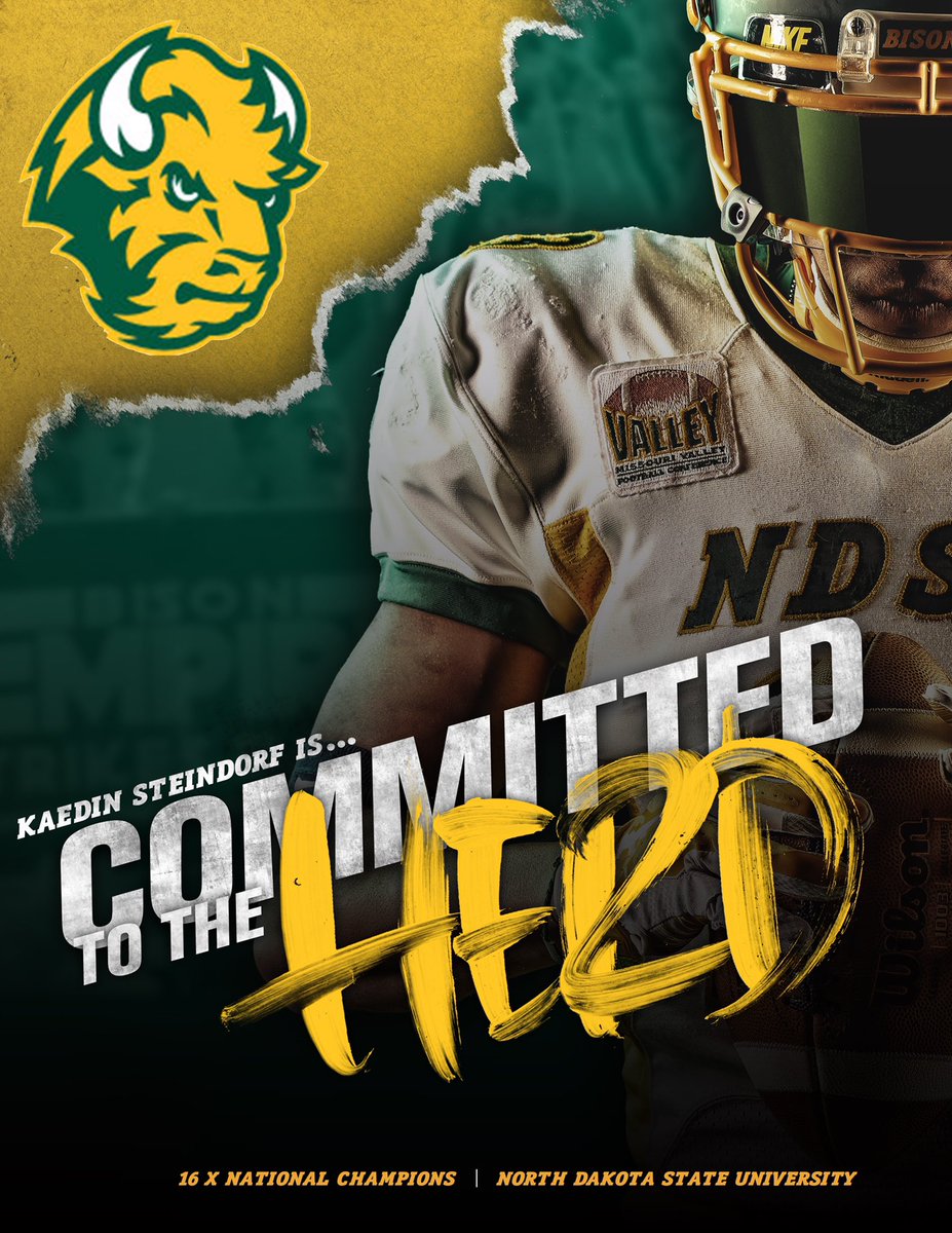 KaedinSteindorf's tweet photo. With this I would like to announce that I am committing to North Dakota State University. I would like to thank @NickGoeser and @Coach_Entz for this opportunity to further my education and football career. Bison time💛💚 https://t.co/01GPfOHWVG