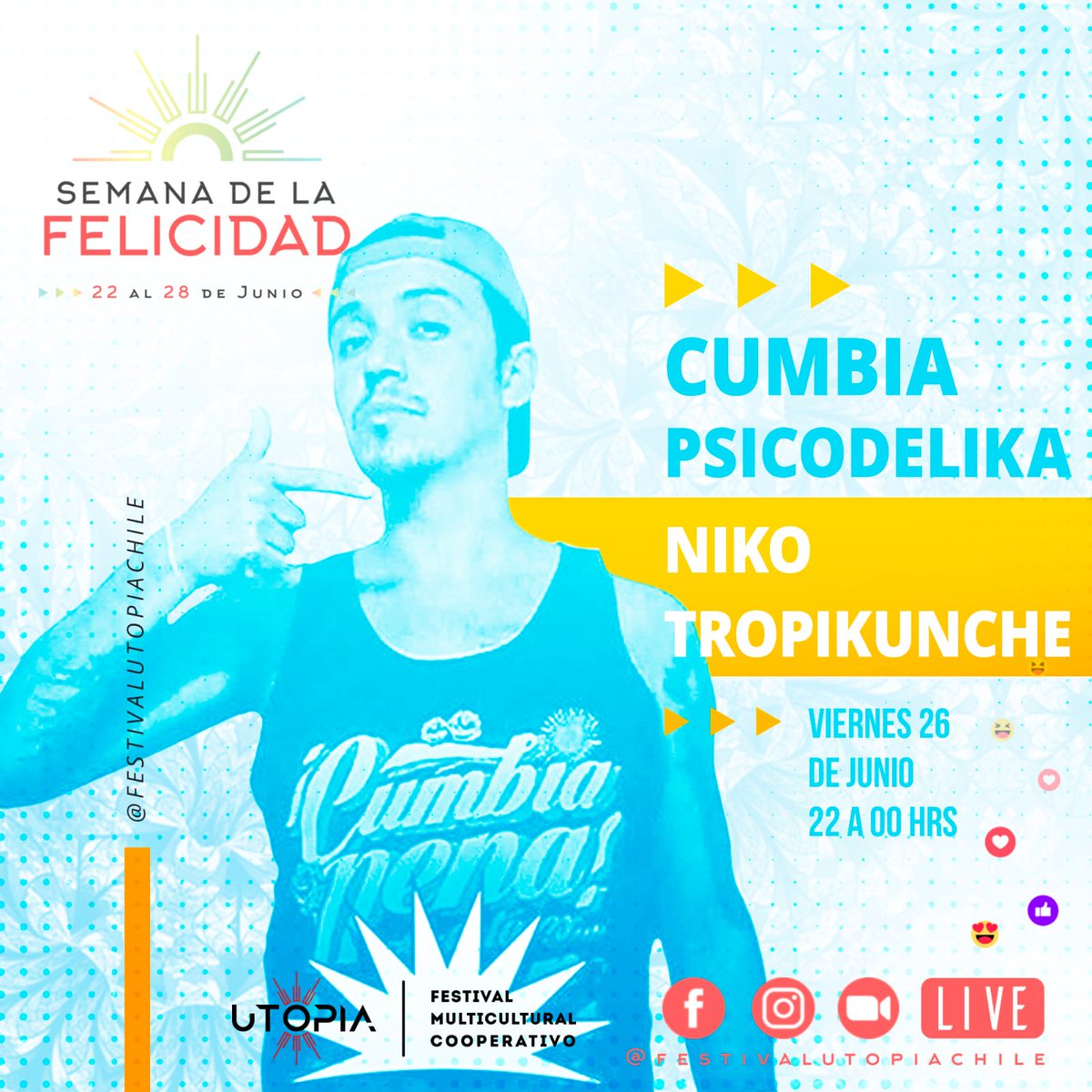 NOW! SE BAILA ♥️🔥 JUNT@S haremos un viaje sideral por LATINOAMERICA 🌎

➡️18:30 PSYCUMBIA
 Desde el sur Chile @Looprana nos llevará a lo más profundo de nuestras raíces mapuches con un viaje cósmico 🌈

📣 LIVE FANPAGE
facebook.com/FestivalUtopia…

#semanadelafelicidad
#somosutopia