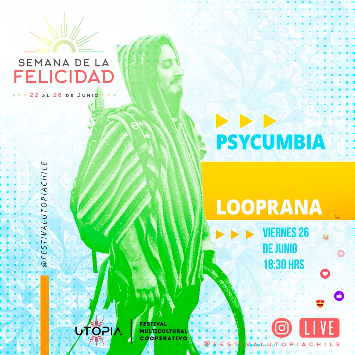 sinrazonaparent's tweet photo. NOW! SE BAILA ♥️🔥 JUNT@S haremos un viaje sideral por LATINOAMERICA 🌎

➡️18:30 PSYCUMBIA
 Desde el sur Chile @Looprana nos llevará a lo más profundo de nuestras raíces mapuches con un viaje cósmico 🌈

📣 LIVE FANPAGE
https://t.co/H4h8wiSEyQ

#semanadelafelicidad
#somosutopia https://t.co/WOxoD03tpN